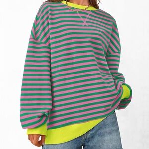 Bright Green & Pink Striped Oversized Sweatshirt Crewneck